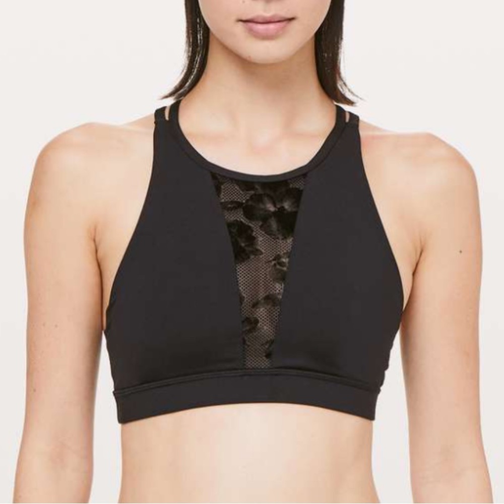 lululemon energy black sports bra with flocked velvet floral inset